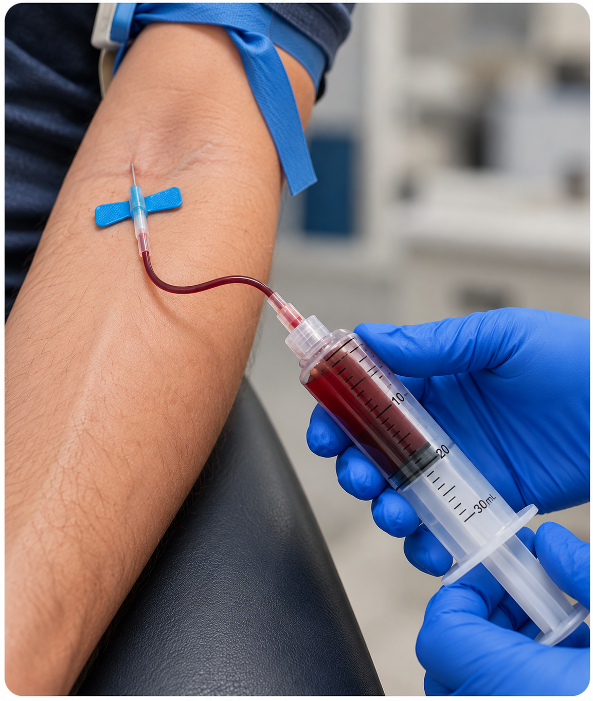 Realistic medical illustration of venous blood being drawn through a butterfly needle into a syringe