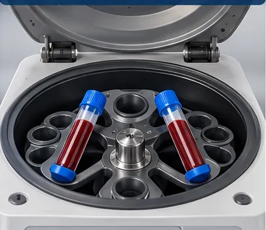 Realistic laboratory centrifuge with two blood vessels positioned opposite one another
