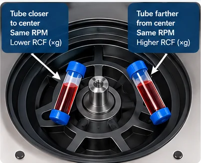 Centrifuge rotor illustration showing tubes at different radii experiencing different relative centrifugal force at the same RPM