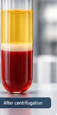 Blood sample after centrifugation with plasma above a pale interface and red blood cells below