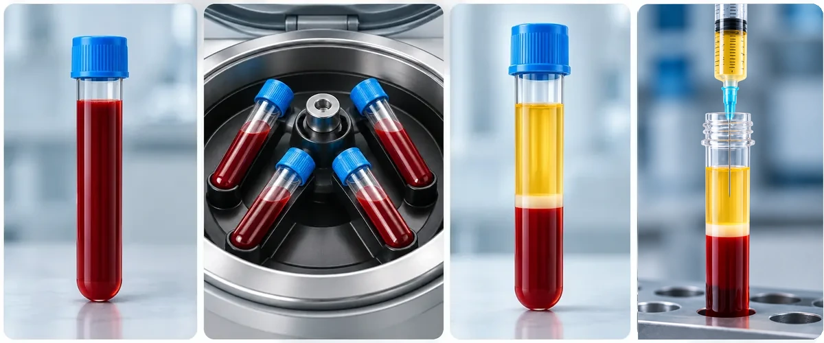 Realistic PRP processing sequence showing whole blood, centrifugation, a separated sample with plasma and buffy coat above red cells, and collection from the plasma fraction