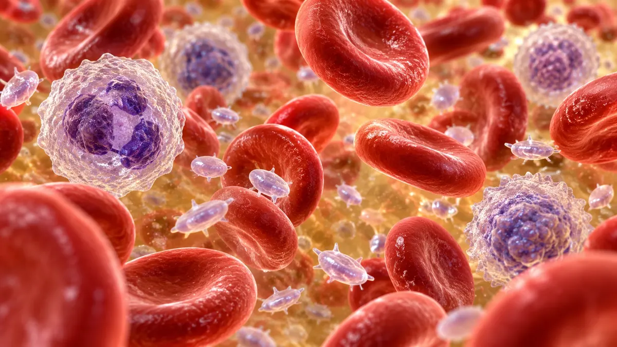 Realistic microscopic whole-blood environment showing red blood cells, leukocytes, platelets, and surrounding plasma