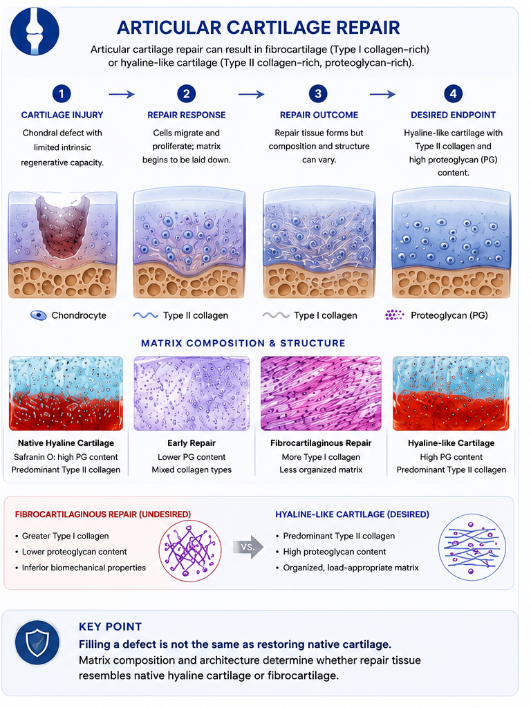 Scientific illustration of articular cartilage repair comparing Type I collagen-rich fibrocartilaginous repair with a Type II collagen and proteoglycan-rich hyaline-like cartilage endpoint.