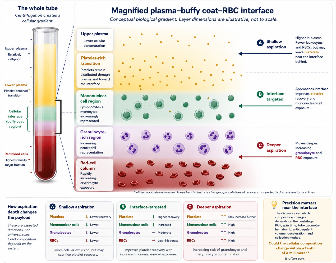 Diagram of centrifuged blood showing the plasma, platelet-rich transition, mononuclear-cell region, granulocyte-rich region, red blood cell column, and how shallow, interface-targeted, and deeper aspiration can change PRP cellular composition.