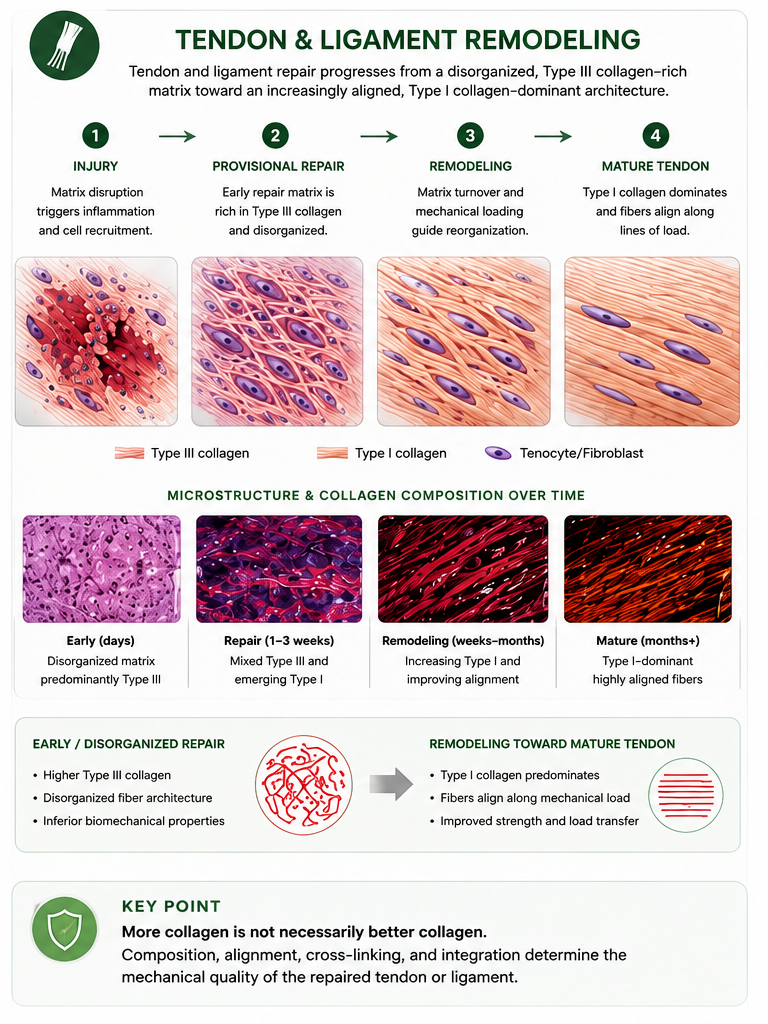 Scientific illustration of tendon and ligament remodeling from early disorganized Type III collagen-rich repair through remodeling toward an increasingly aligned Type I collagen-dominant mature matrix.